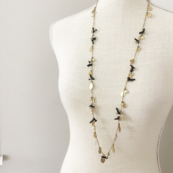 J. Crew Black Gold and Pearl Long Necklace - Picture 2 of 7